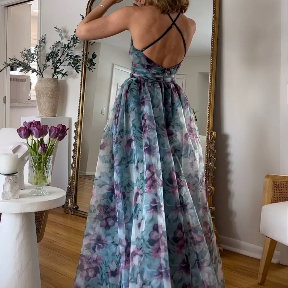 Lulu's Floral Romance That Wows Dark Teal Floral Print Organza size S - Picture 2 of 6